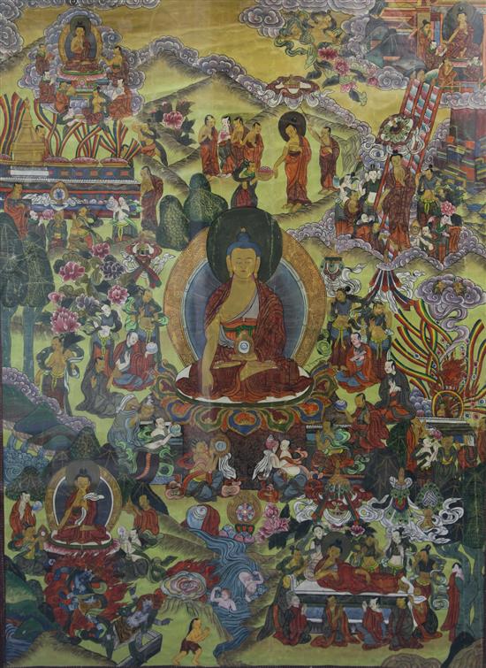 Two Tibetan painted silk thangkas, 19th/20th century, 96cm x 74cm